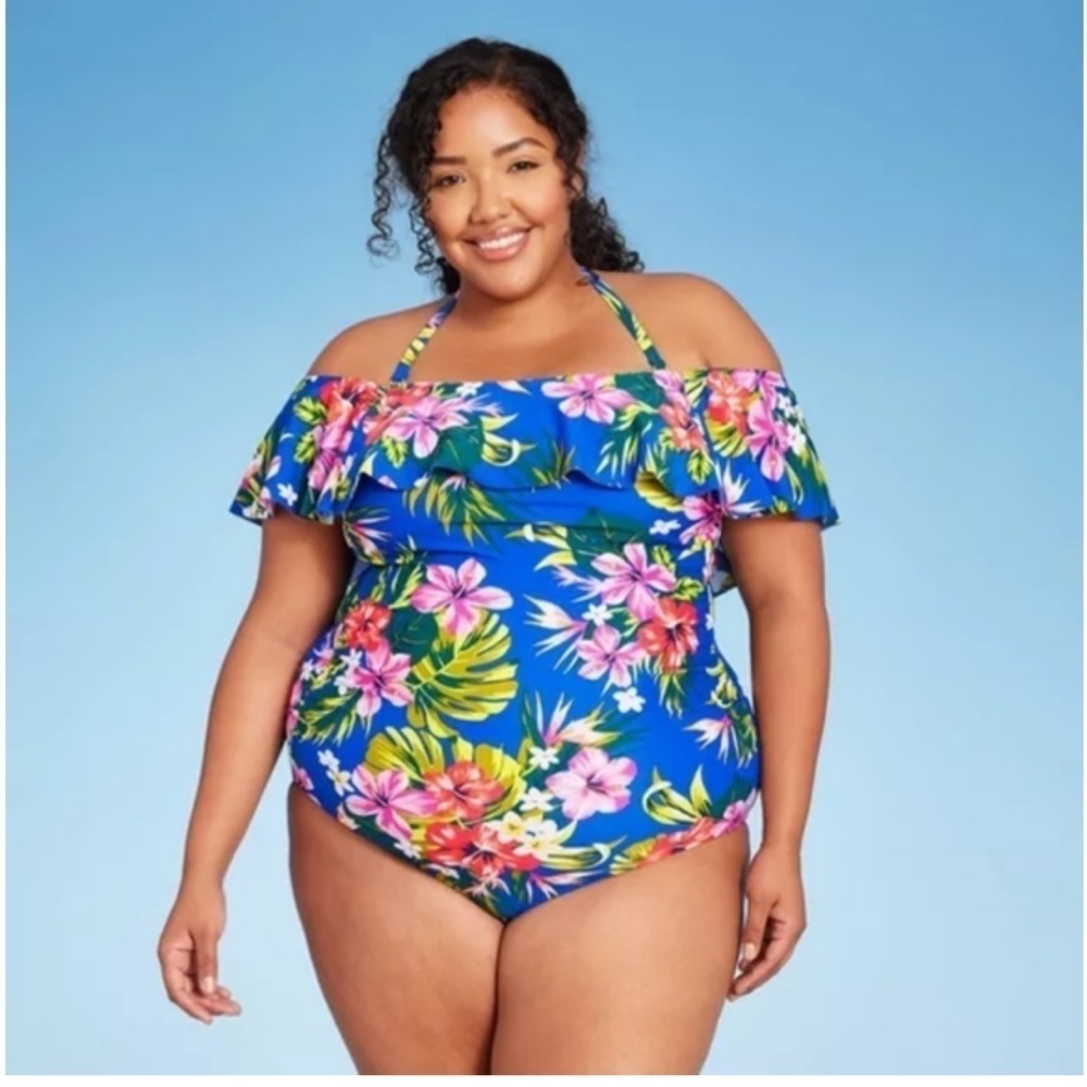 Kona Sol Plus Size Adjustable Tropical Floral One-Piece Swimsuit in Blue Sz 18W